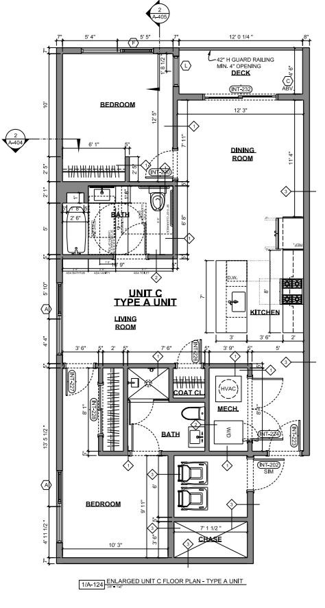 A detailed architectural floor plan for a Type A unit, showing the layout of the bedroom, dining room, kitchen, bathroom, and living room.